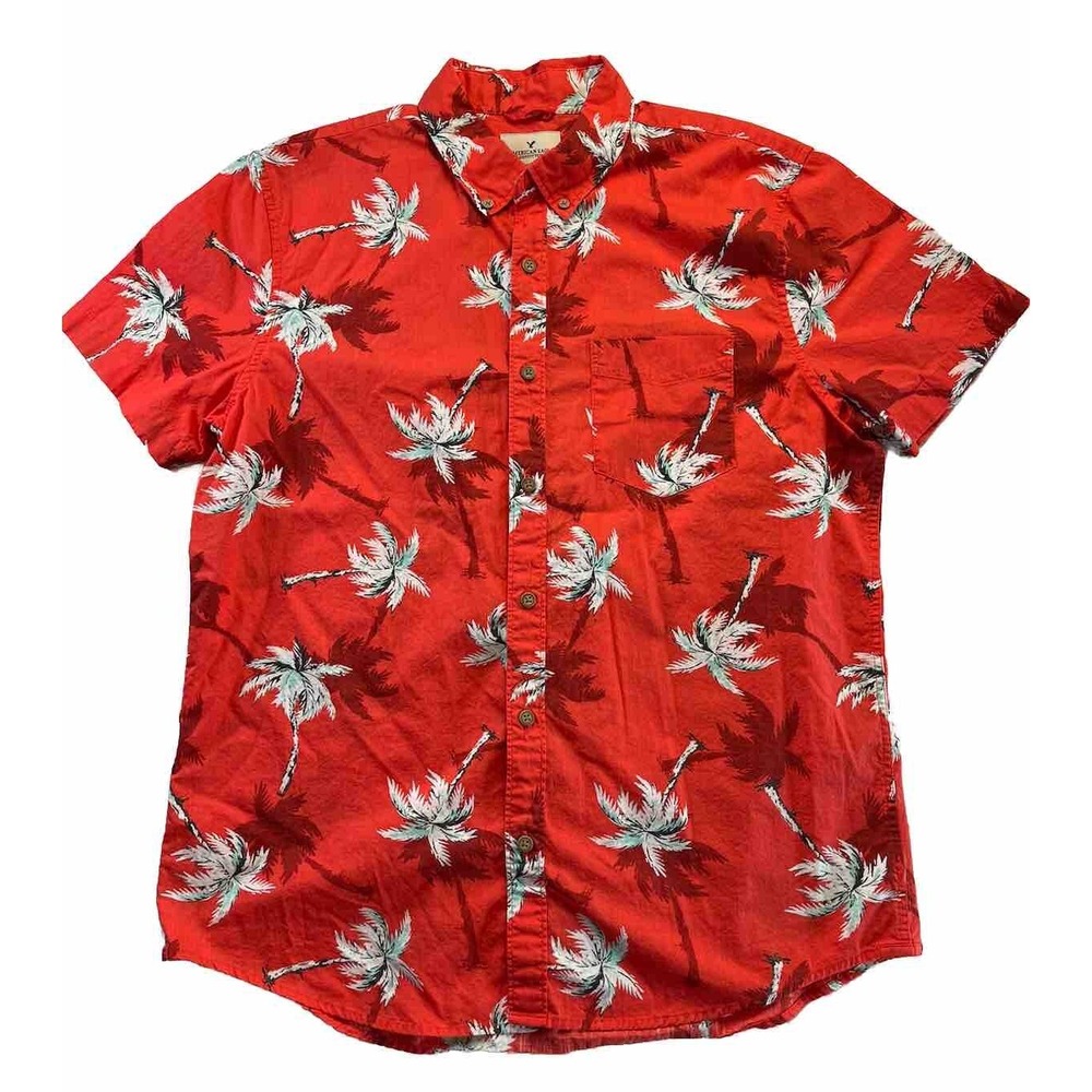 Men's American Eagle Seriously Soft Button Up‎ Shirt Red Tropical Print Size L